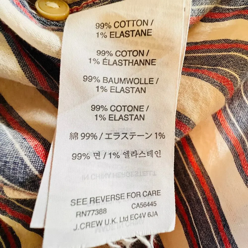 J.Crew Striped Popover Blouse 12 Split Neck Tunic Red Blue Cotton Shirt